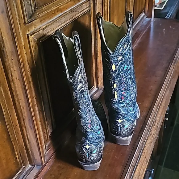 CORRAL BLACK MULTI COLOR INLAY BUTTERFLY BOOTS - SZ. 7M - EUC! - Picture 7 of 7